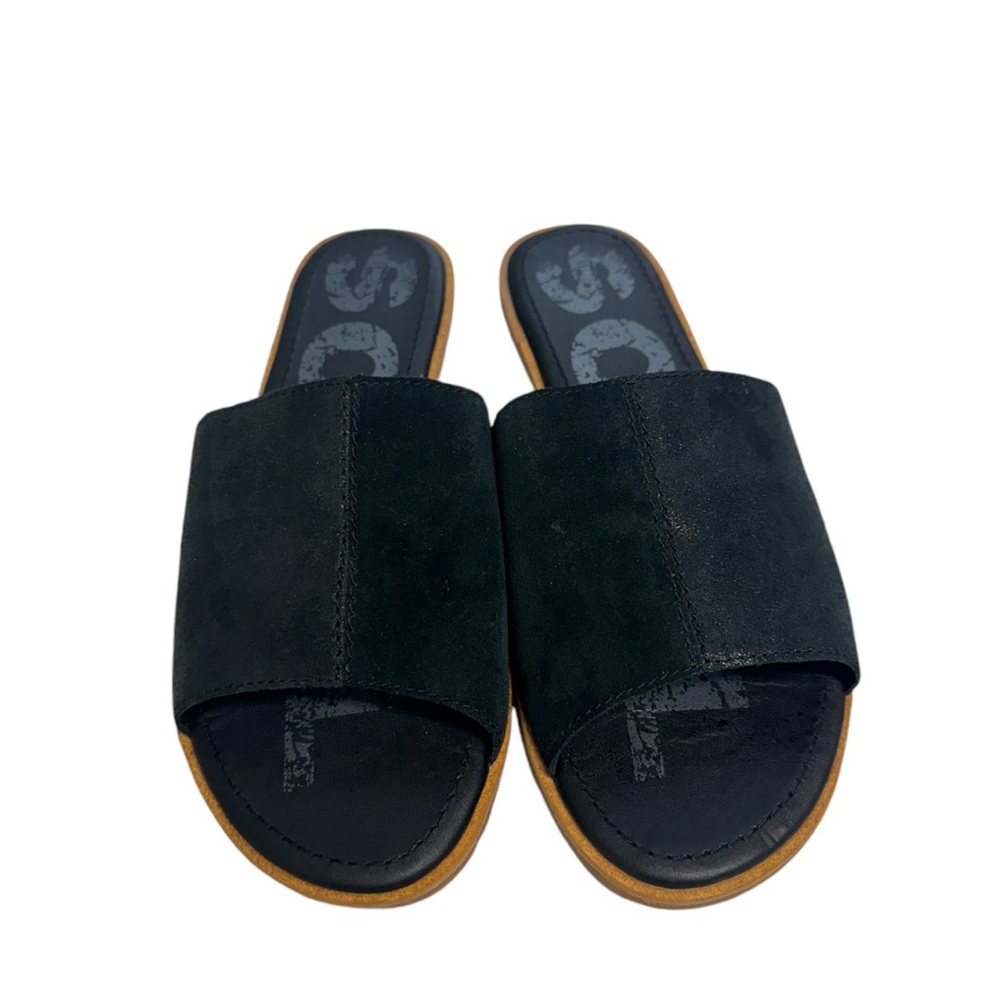 Sorel Ella Metallic and Suede Slide Black Sandals Size 9